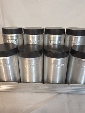 VTG 1950’s Kromex Spun Aluminum Spice 8 Jars w/ Lids & Shelf MCM